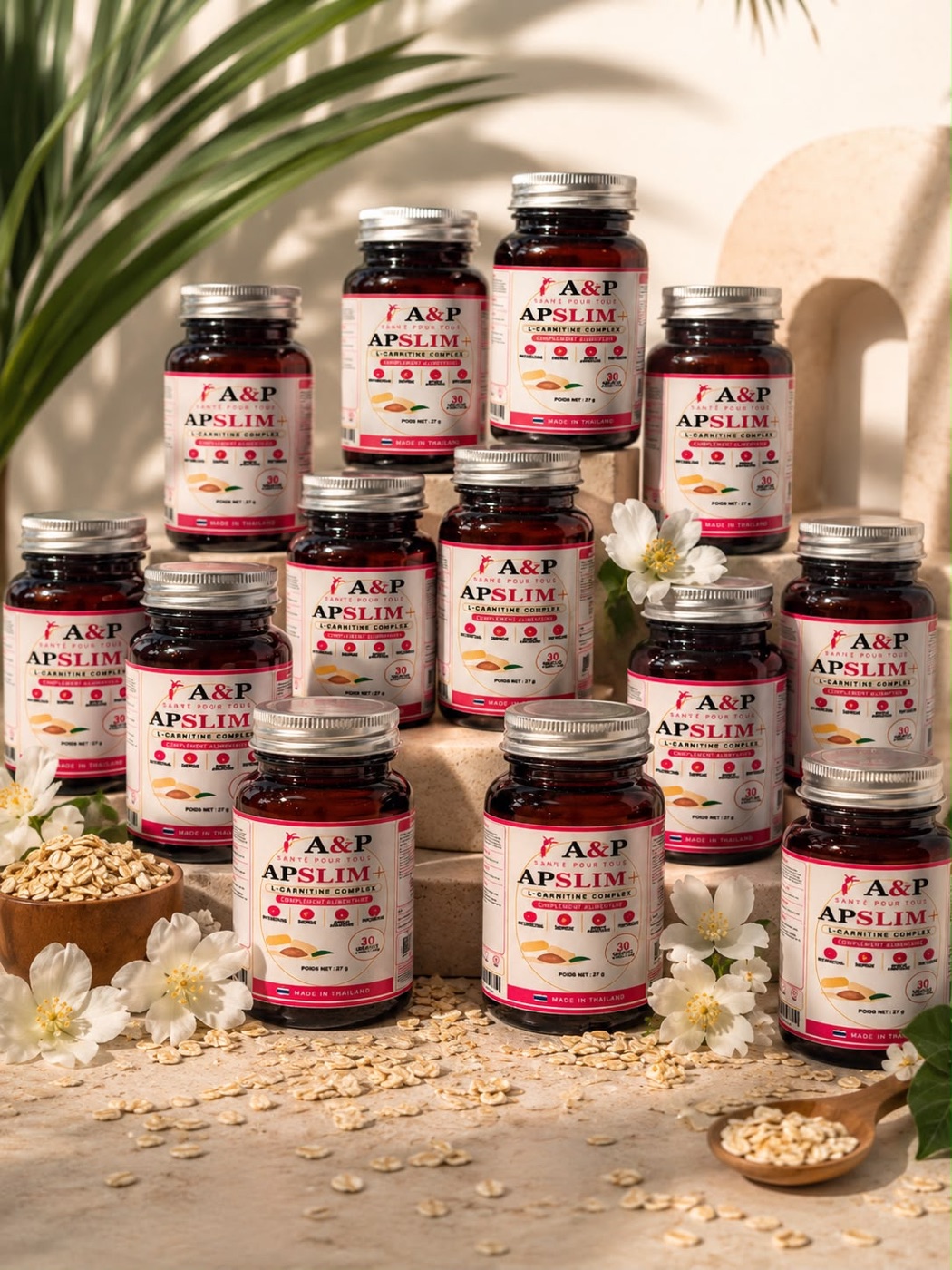 Flacons APSLIM+ L-Carnitine Complex présentés sur des marches en pierre, entourés de fleurs blanches