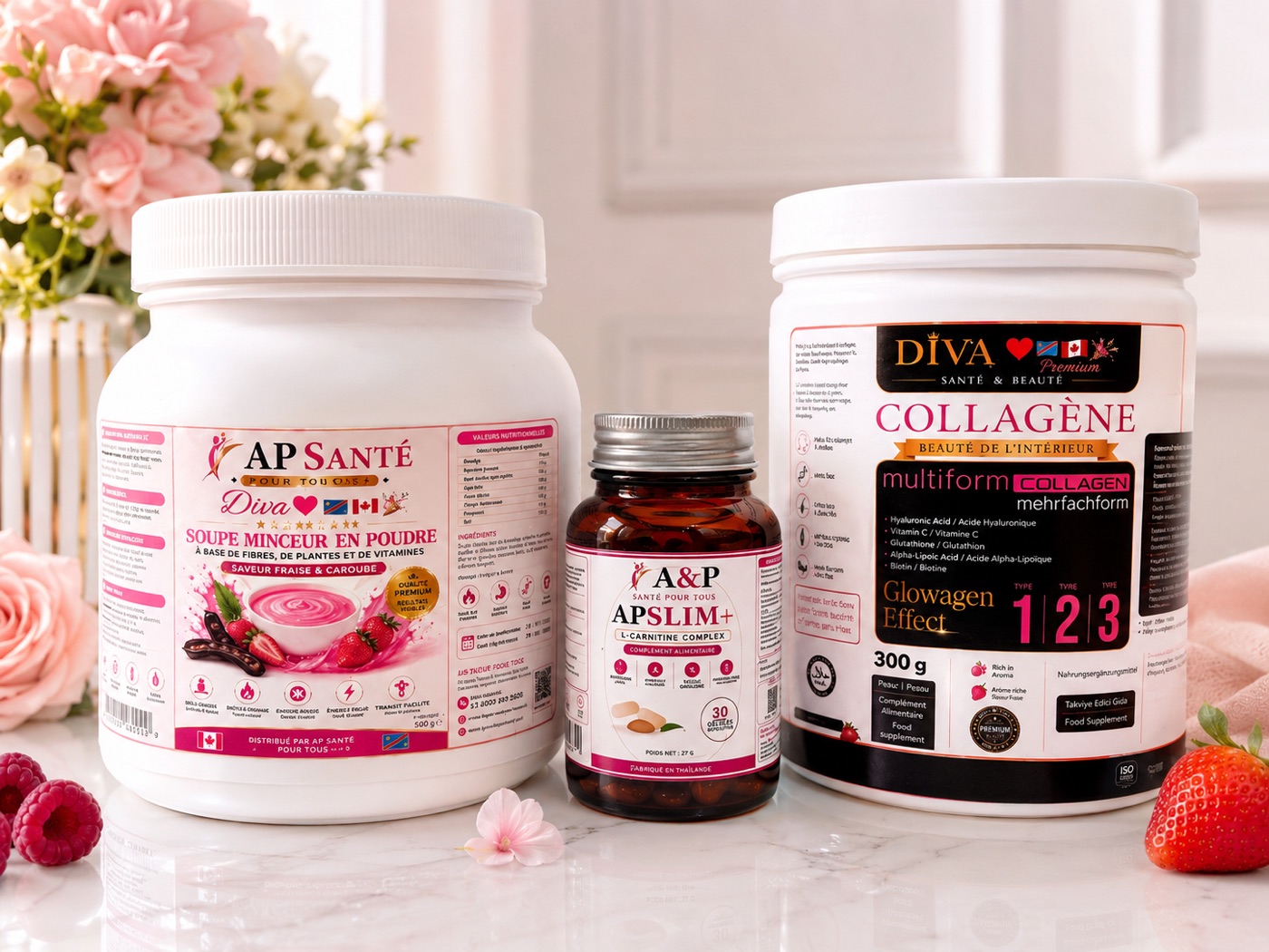 Gamme A&P Santé : Soupe Minceur en Poudre, APSLIM+ et Collagène DIVA sur un plan de marbre fleuri